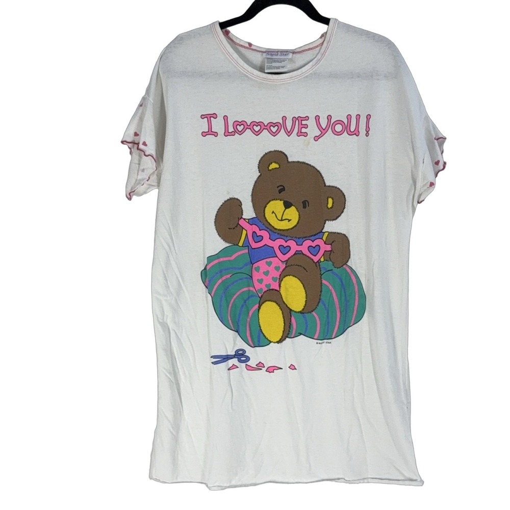 Night Star I LoooVE You! T-Shirt Women One Size White Teddy Bear Graphic Ruffle